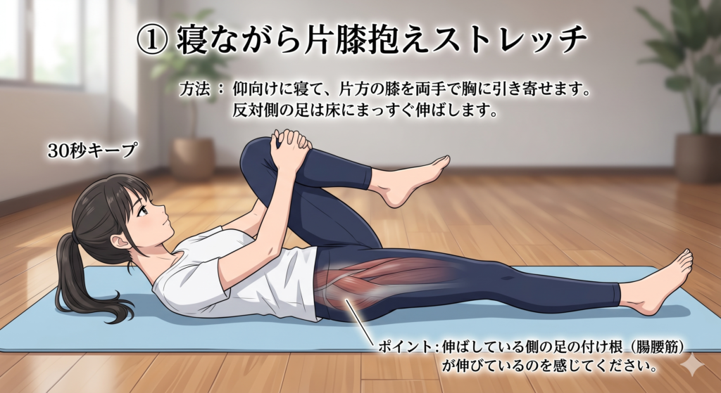 膝抱え込みストレッチ
腸腰筋ストレッチ
